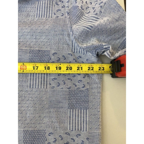 Linen Blend Boho Paisley Button Down Camp Shirt M Resort Patchwork Retro Blue - Picture 12 of 13